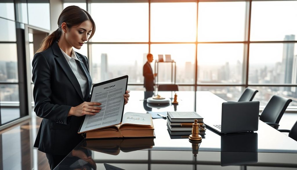 A sleek and modern office environment that symbolizes the legal framework applicable to business practices, focusing on the verification process as of October 6, 2026. In the foreground, a professional businesswoman in business attire studies a digital document on a tablet, labeled with "UMALIS GROUP." The middle ground features an elegant conference table with legal books, charts, and a modern laptop, indicating active research and discussion. The background showcases large windows with a view of a bustling city, creating a vibrant atmosphere. Soft natural light filters through the glass, casting gentle shadows that enhance the sense of professionalism and urgency. The mood is serious yet optimistic, suggesting the importance of transparency in business.