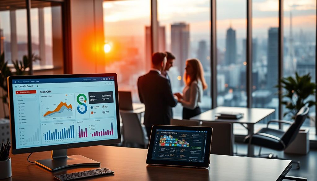 A sleek and modern office interior, bathed in warm, ambient lighting. In the foreground, a computer monitor displays a CRM dashboard, with vibrant charts and graphs illustrating key customer metrics. On the desk, a tablet showcases automated workflows, streamlining sales and marketing processes. In the middle ground, a team of professionals collaborates, discussing strategies to optimize the Umalis Group's customer relationships. The background features floor-to-ceiling windows, offering a panoramic view of a bustling cityscape, symbolizing the scale and impact of the CRM automation processes.