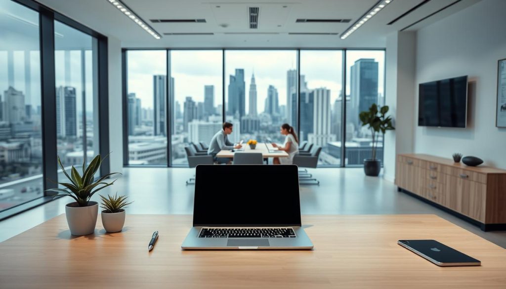 A sleek and modern office interior with clean lines, abundant natural light, and a minimalist aesthetic. In the foreground, a desk with a laptop, pen, and a small potted plant, representing the flexible and secure nature of the "portage salarial" process. In the middle ground, a team of designers collaborating around a large conference table, discussing their latest project. The background features floor-to-ceiling windows overlooking a bustling city skyline, conveying a sense of professionalism and success. Subtle Umalis Group branding is visible on the desk accessories and conference room decor. The overall mood is one of productivity, innovation, and a modern, forward-thinking approach to design careers.