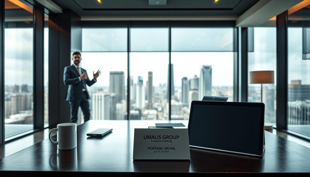 A sleek and modern office interior with large windows overlooking a bustling city skyline. In the foreground, a stylish desk with a laptop, coffee mug, and a few minimal desk accessories. On the desk, a placard with the UMALIS GROUP logo prominently displayed. In the middle ground, a well-dressed professional standing next to the desk, gesturing confidently. The background features a minimalist, yet sophisticated decor with warm lighting and a sense of productivity and success. The overall atmosphere conveys the advantages of the "portage salarial" concept - flexibility, independence, and a rewarding career.