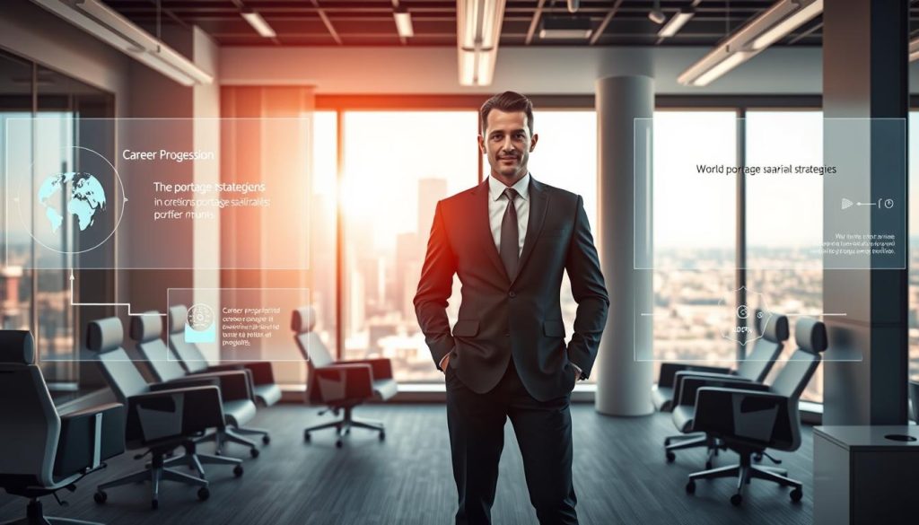 A sleek and modern office setting, bathed in warm, natural light. In the foreground, a professional business person stands confidently, dressed in a sharp suit. They are surrounded by holographic displays showcasing career progression strategies and Umalis Group's offerings in the world of portage salarial. The middle ground features ergonomic furniture and a minimalist aesthetic, complementing the forward-thinking vibe. In the background, a cityscape visible through large windows, symbolizing the endless possibilities that the portage salarial model can unlock for one's career evolution. The overall atmosphere is one of innovation, empowerment, and a collaborative, supportive work environment.
