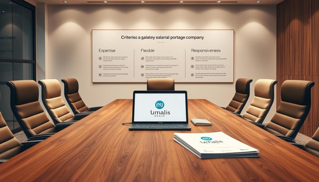A sleek and modern office setting, featuring a large wooden conference table surrounded by stylish chairs. On the table, a laptop and a stack of documents with the Umalis Group logo prominently displayed. The lighting is soft and warm, creating a professional yet inviting atmosphere. In the background, a minimalist wall display showcases various criteria for selecting a salarial portage company, such as "Expertise", "Flexibility", and "Responsiveness". The overall scene conveys a sense of thoughtful decision-making and a focus on the key considerations for choosing the right salarial portage solution.