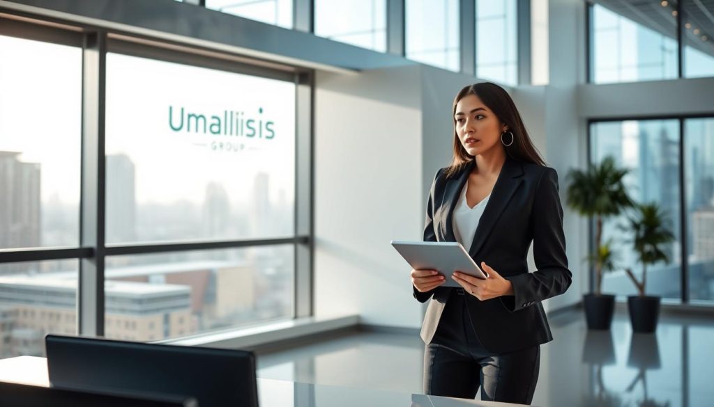 A sleek and modern office setting, filled with natural light and clean lines. In the foreground, a professional woman in a sharp suit stands before a desk, tablet in hand, contemplating her next career move. Behind her, a large window offers a view of the city skyline, hinting at the potential for growth and opportunity. The Umalis Group logo is discreetly displayed on the wall, a subtle nod to the company's expertise in the field of freelance consulting. The overall atmosphere conveys a sense of focus, ambition, and the pursuit of one's ideal career path. A sleek and modern office setting, filled with natural light and clean lines. In the foreground, a professional woman in a sharp suit stands before a desk, tablet in hand, contemplating her next career move. Behind her, a large window offers a view of the city skyline, hinting at the potential for growth and opportunity. The Umalis Group logo is discreetly displayed on the wall, a subtle nod to the company's expertise in the field of freelance consulting. The overall atmosphere conveys a sense of focus, ambition, and the pursuit of one's ideal career path.