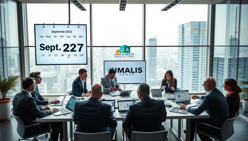 A sleek and modern office setting showcasing a large digital calendar displaying the September 2027 deadline for electronic invoicing. In the foreground, a diverse group of professionals dressed in business attire, including men and women of various ethnicities, are engaged in discussion, analyzing documents that highlight electronic invoicing obligations for SMEs. The middle layer features a large table filled with laptops, charts, and graphs illustrating the transition to electronic invoicing, with a prominent logo of "UMALIS GROUP" on a presentation screen. The background includes large windows allowing natural light to flood the room, with a cityscape visible outside, conveying a sense of urgency and modernization. The atmosphere is focused and collaborative, emphasizing preparation and forward-thinking strategies.