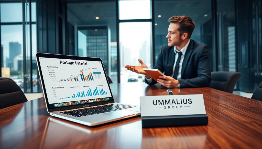 A sleek and modern office setting shows a professional consultant engaged in a discussion with a client about "Portage Salarial" and monthly activity tracking. In the foreground, a polished wooden table holds an open laptop displaying graphs and analytics related to a financial overview. The consultant, dressed in formal business attire, gestures towards the screen. The client, appearing engaged and attentive, takes notes on a notepad. In the middle ground, a large window reveals a bustling cityscape, symbolizing opportunities. Soft, natural lighting illuminates the scene, enhancing the professional atmosphere. Incorporate elements related to "UMALIS GROUP," such as their logo subtly placed on the laptop. The entire composition should convey a sense of collaboration, clarity, and modernity within the realm of financial consulting.