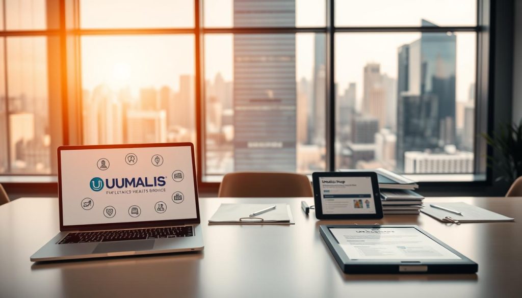 A sleek and modern office setting with a focus on a mandatory health insurance policy for freelance and contract workers. In the foreground, a laptop displays the UMALIS GROUP logo, surrounded by stylized icons representing the key benefits of the mutual insurance policy. The middle ground features a neatly organized desk with relevant documents, folders, and a tablet displaying information about the policy. The background showcases a large window overlooking a bustling city skyline, bathed in warm, natural lighting. The overall atmosphere conveys a sense of professionalism, security, and the importance of providing comprehensive healthcare coverage for the modern, flexible workforce.