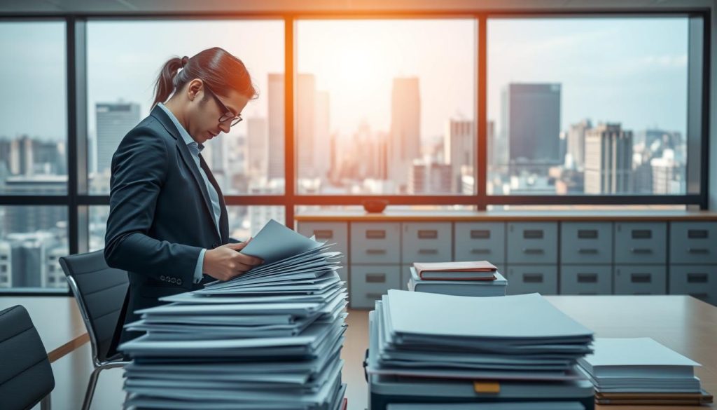 A sleek and modern office setting, with a focus on administrative processes. In the foreground, a Umalis Group employee meticulously organizes paperwork, their face obscured by a stack of files. In the middle ground, a series of efficient filing cabinets and a well-organized desk, suggesting a streamlined workflow. The background features a large window overlooking a bustling city skyline, bathed in soft, natural lighting that creates a calming, professional atmosphere. The overall scene conveys the ease and simplicity of the administrative tasks involved in the "gestion administrative portage salarial" process.