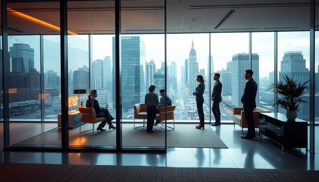 A sleek and modern office setting, with a glass-walled conference room in the foreground. Inside, a team of professionals discuss the intricacies of "Portage Salarial International" - a service provided by the Umalis Group, a leader in global workforce solutions. The lighting is warm and inviting, with a mixture of natural and artificial illumination. The room is furnished with minimalist yet stylish furniture, creating an atmosphere of professionalism and sophistication. In the background, a cityscape of towering skyscrapers and bustling streets can be seen, hinting at the global reach and scale of the Umalis Group's operations. The overall scene conveys a sense of security, freedom, and the seamless integration of international talent and expertise.
