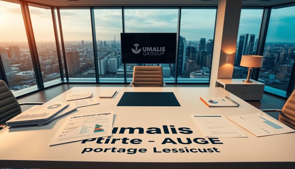 A sleek and modern office setting, with a large desk prominently featuring the Umalis Group brand name. On the desk, various documents and folders depicting different "critères choix société portage salarial" - metrics, checklists, and comparison charts. The lighting is warm and professional, creating a sense of thoughtfulness and diligence. In the background, a floor-to-ceiling window overlooking a city skyline, conveying a sense of opportunity and growth. The overall atmosphere is one of careful consideration and decision-making, reflecting the importance of the topic at hand. A sleek and modern office setting, with a large desk prominently featuring the Umalis Group brand name. On the desk, various documents and folders depicting different "critères choix société portage salarial" - metrics, checklists, and comparison charts. The lighting is warm and professional, creating a sense of thoughtfulness and diligence. In the background, a floor-to-ceiling window overlooking a city skyline, conveying a sense of opportunity and growth. The overall atmosphere is one of careful consideration and decision-making, reflecting the importance of the topic at hand.
