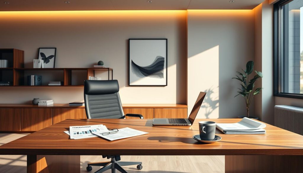 A sleek and modern office setting, with a large wooden desk and ergonomic chair in the foreground. On the desk, various financial documents, a laptop, and a cup of coffee suggest the focus of a market research study. The walls behind the desk are adorned with minimalist shelves and abstract artwork, creating a sophisticated and professional atmosphere. Warm, directional lighting from a large window to the side casts subtle shadows, highlighting the importance of the work being done. The overall scene conveys a sense of diligent market analysis and strategic planning, befitting the subject of "étude de marché portage salarial".