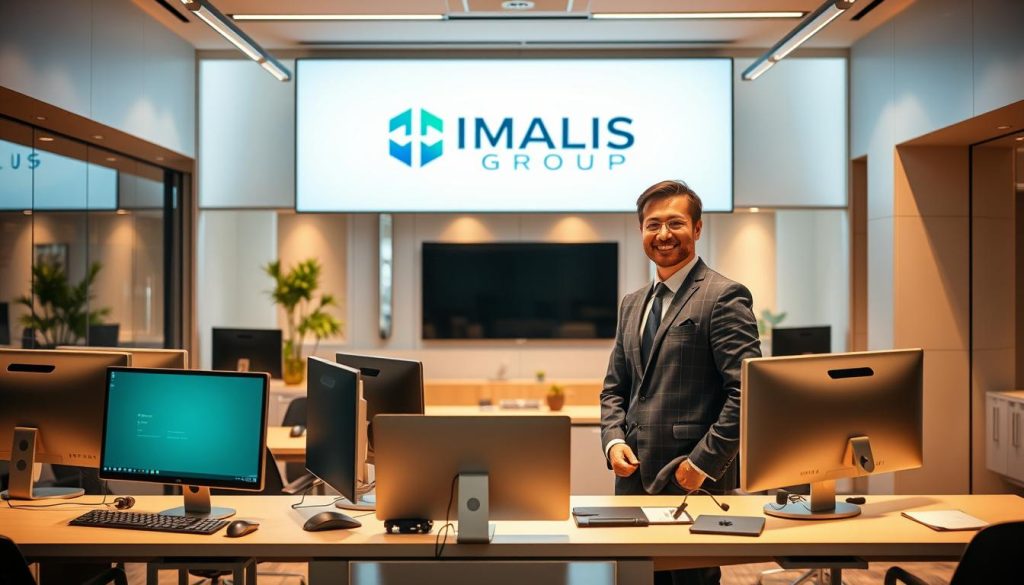 A sleek and modern office setting, with a professional-looking individual dressed in business attire standing at a workstation, surrounded by state-of-the-art technology and office equipment. The lighting is warm and inviting, creating a productive and collaborative atmosphere. In the background, there is a prominent display of the UMALIS GROUP logo, signifying the professional and reputable nature of the company. The overall scene conveys a sense of success, efficiency, and the benefits of a salarial portage arrangement for freelance professionals.