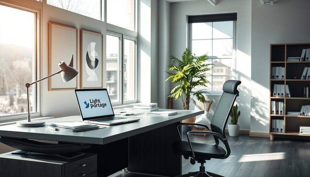 A sleek and modern office space, with a large desk and ergonomic chair. On the desk, a laptop displaying the "Light Portage" logo, surrounded by paperwork and a stylish desk lamp. The walls are adorned with minimalist art prints, conveying a sense of professionalism and efficiency. Natural light streams in through large windows, creating a warm and productive atmosphere. In the background, a bookshelf filled with reference materials and a potted plant, adding a touch of nature to the scene. The overall impression is one of a well-organized and thoughtfully designed workspace, reflecting the challenges and constraints of the "portage salarial" industry.