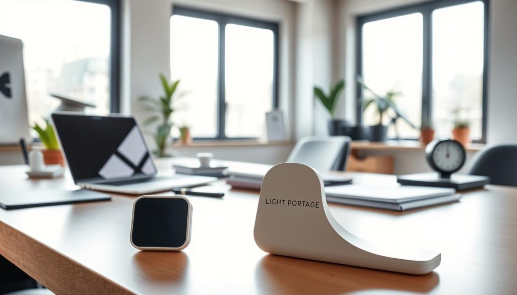 A sleek and modern office space, with natural light streaming in through large windows. On the desk, an array of office supplies and devices, including a laptop, a planner, and a timer. In the foreground, a set of stylish yet practical tools for time management, such as a digital calendar, a to-do list app, and a task management software. The LIGHT PORTAGE brand is prominently displayed on a sleek, minimalist device or accessory. The overall atmosphere is one of efficiency, organization, and a focus on work-life balance, reflecting the article's subject and section title.