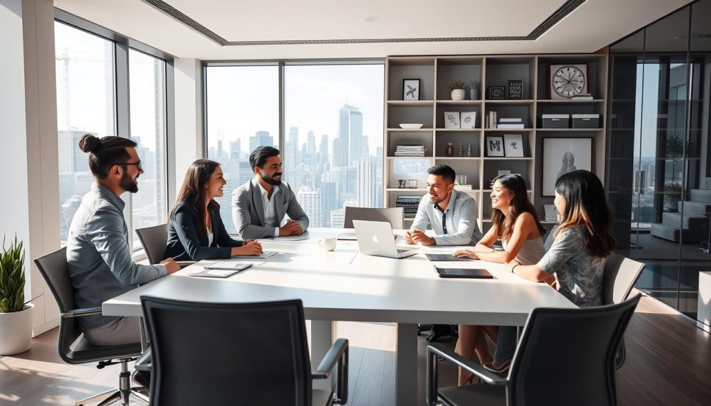 A sleek and modern office workspace, flooded with natural light from large windows. In the foreground, a group of independent professionals collaborating around a minimalist conference table, animated expressions on their faces as they discuss the advantages of the UMALIS GROUP's salarial portage solution. In the middle ground, shelves filled with organization tools and inspirational decor, reflecting the efficient and empowering nature of this service. The background showcases a panoramic city skyline, symbolizing the expanded opportunities and flexibility afforded by this employment model. The overall atmosphere conveys a sense of professionalism, productivity, and entrepreneurial spirit.