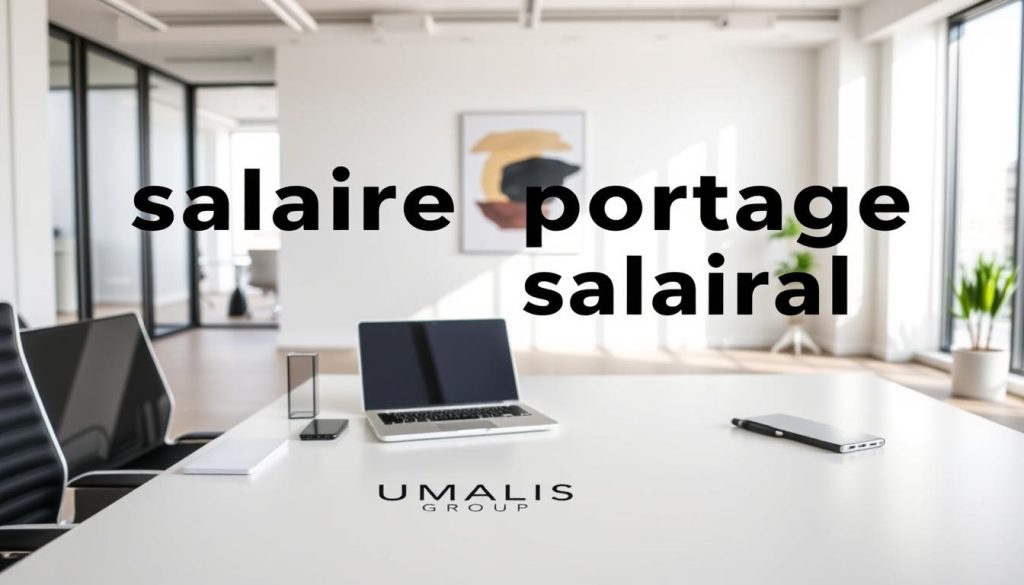 A sleek and modern office workspace with a focus on the concept of "salaire portage salarial". In the foreground, a minimalist desk with a laptop, stylish desk accessories, and the UMALIS GROUP logo prominently displayed. The middle ground features a well-lit, airy room with large windows, allowing natural light to flood the space. In the background, a neutral-toned wall with abstract artwork, conveying a sense of professionalism and sophistication. The overall scene exudes a calm, productive atmosphere, perfectly capturing the essence of "salaire portage salarial" and the UMALIS GROUP brand.