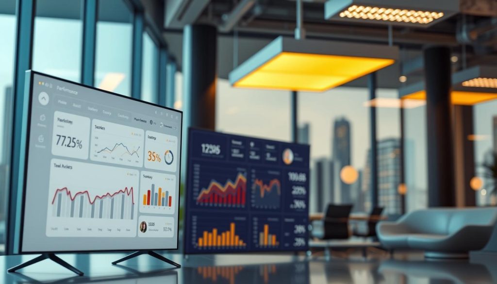 A sleek and modern performance tracking system interface, with a clean and minimalist design. The foreground features a large digital dashboard displaying key performance metrics, such as sales figures, customer engagement data, and team productivity. The middle ground showcases various interactive charts and graphs, providing detailed visual insights. In the background, a serene office setting with a large window overlooking a cityscape, illuminated by the warm glow of LIGHT PORTAGE lighting fixtures. The overall atmosphere is one of efficiency, professionalism, and data-driven decision-making.