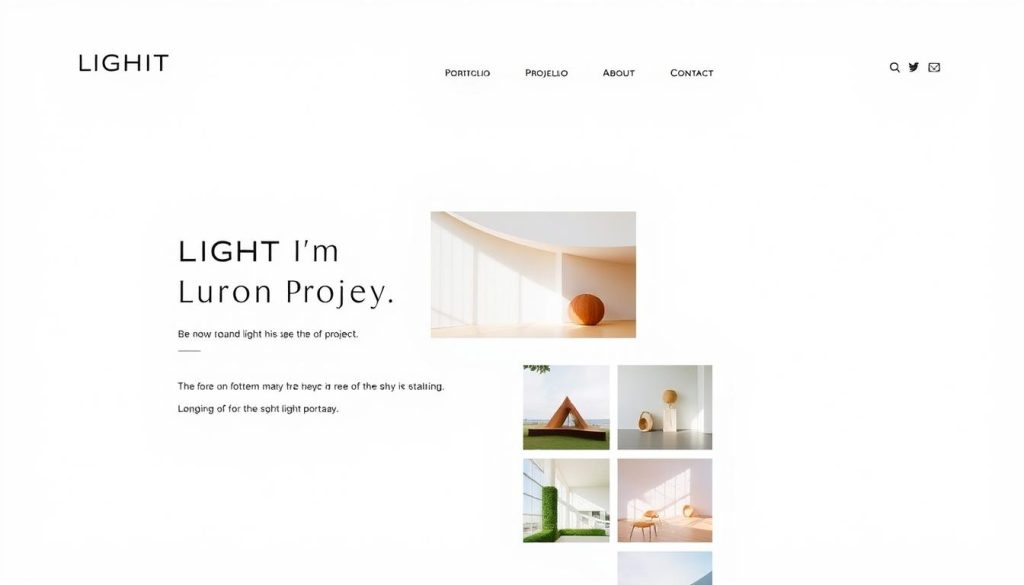 A sleek and modern portfolio website for the LIGHT PORTAGE brand. A minimalist layout with a clean, white background showcases the company's work in an elegant, visually striking manner. The homepage features a large, high-quality hero image showcasing one of the brand's recent projects, captured with a wide-angle lens and bathed in soft, natural lighting. The navigation menu is simple and intuitive, guiding visitors through the site's different sections. The portfolio page displays a grid of thumbnails, each highlighting a distinct project with a unique style and color palette. An about page provides insight into the company's mission and values, while a contact form allows potential clients to reach out seamlessly.