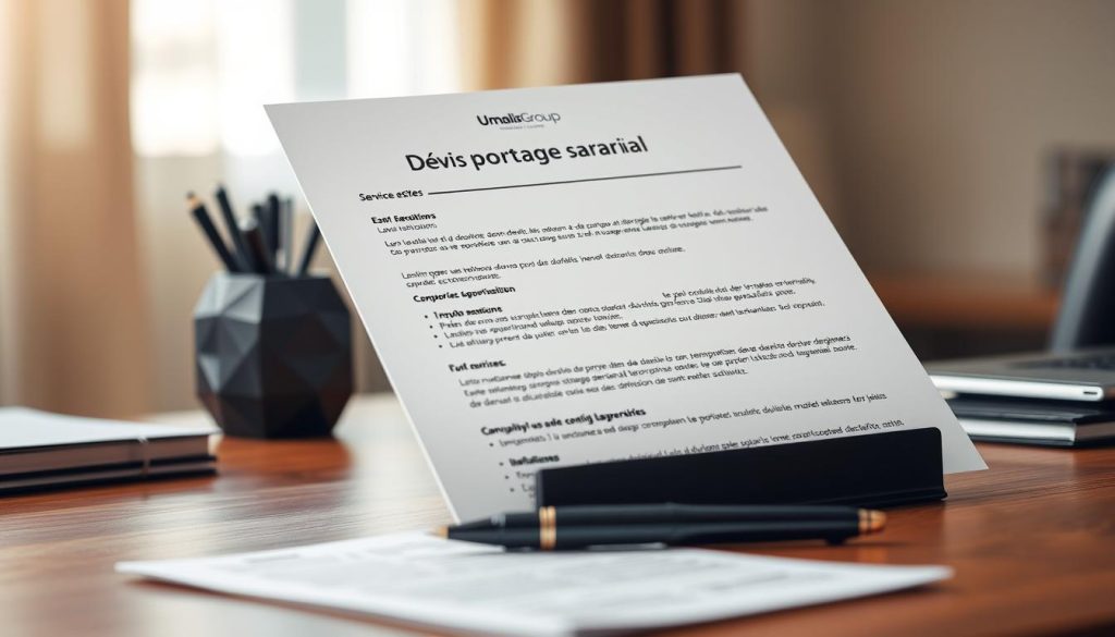 A sleek and professional-looking document with details of a "Devis portage salarial" from the Umalis Group. The document is displayed on a wooden desk, with a pen and some office supplies in the foreground. The background is blurred, creating a subtle, elegant atmosphere. The document showcases the key elements required for a "Devis pour une mission en portage salarial", such as service descriptions, pricing, and terms, all presented in a clean and organized layout. The lighting is soft and natural, and the camera angle is slightly elevated to provide a slightly elevated perspective, giving the image a sense of authority and importance.
