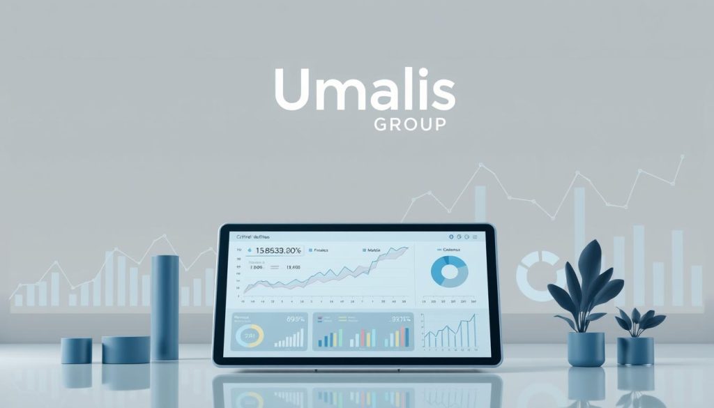 A sleek and sophisticated illustration of "chiffre d'affaires" against a backdrop of modern financial graphs and charts. The scene features a stylized representation of the Umalis Group logo, with a clean and minimalist design. The foreground showcases a digital display showing various financial metrics and statistics, presented in a visually appealing manner. The middle ground includes a series of line graphs and pie charts, illustrating the flow of financial data. The background is a soft, muted color palette, creating a sense of professionalism and confidence. The overall composition evokes a sense of precision, clarity, and the successful management of financial performance.