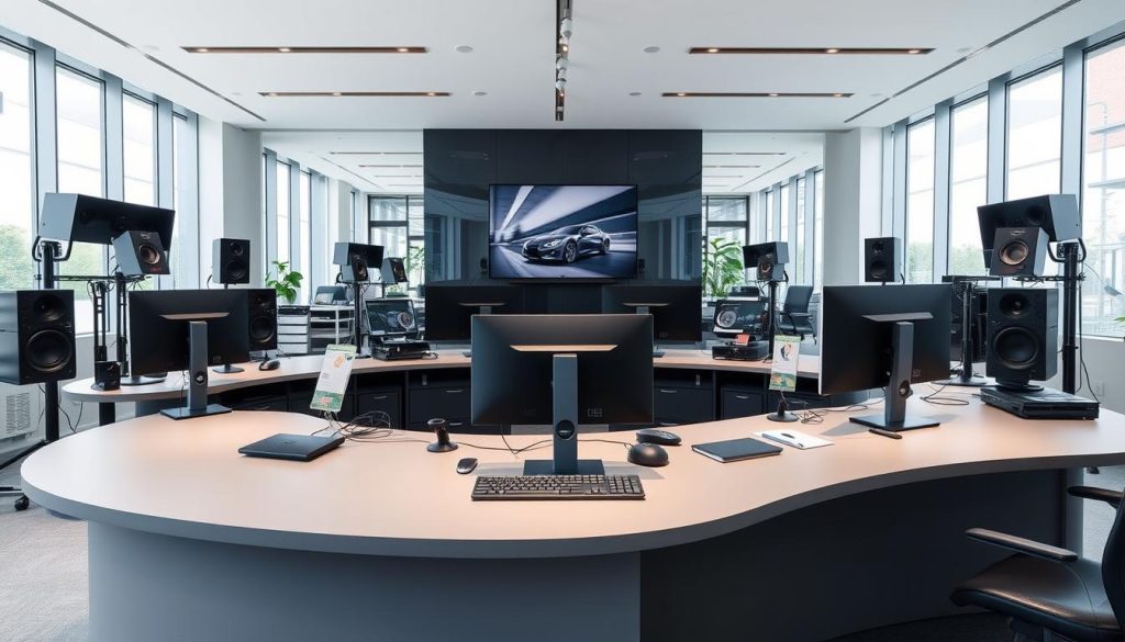 A sleek, centralized communication hub for the Umalis Group, featuring a modern, minimalist design. The foreground showcases a large, curved desk with a state-of-the-art computer setup, surrounded by clean lines and a muted color palette. In the middle ground, various communication devices, such as high-quality microphones, speakers, and video conferencing equipment, are neatly arranged, conveying a sense of efficiency and professionalism. The background depicts a bright, airy office space with large windows, allowing natural light to flood the room and create a calming, productive atmosphere. The entire scene is captured with a wide-angle lens, emphasizing the cohesive, organized nature of this centralized communication hub.