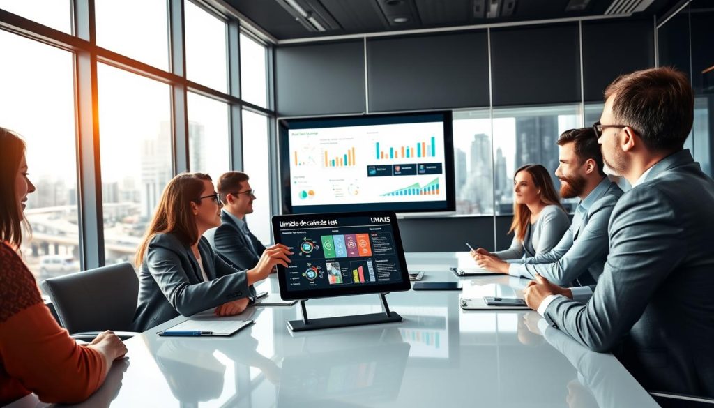 A sleek conference room setting featuring a diverse group of professionals gathered around a modern table, engaging in a lively discussion about project deliverables for AI initiatives. In the foreground, one individual is presenting a digital tablet displaying a visually appealing project roadmap, labeled "Livrables de cadrage et de test". The middle section showcases dynamic charts and graphs projected on a screen, emphasizing clarity and organization. In the background, large windows reveal a bustling cityscape. The atmosphere is one of collaboration and innovation, with bright, natural lighting pouring in. The professionals are dressed in professional business attire, exuding expertise and focus. At the corner of the presentation screen, subtly include the logo "UMALIS GROUP". The angle captures both the table and the projected screen, enhancing the visual narrative.