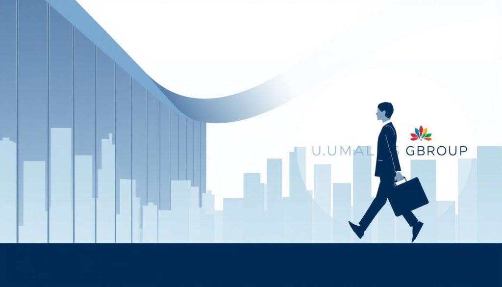 A sleek, contemporary illustration depicting the concept of "portability of social protection rights in the context of portage salarial" (temporary employment through a professional employer organization). The scene showcases a stylized human figure carrying a briefcase, symbolizing the portability and flexibility of social security benefits. The background features a modern cityscape with clean lines and a minimalist color palette, evoking a sense of professionalism and modernity. The UMALIS GROUP logo is subtly integrated into the design, adding an authoritative touch. The overall composition conveys the idea of seamless transitions and adaptability within the portage salarial framework.
