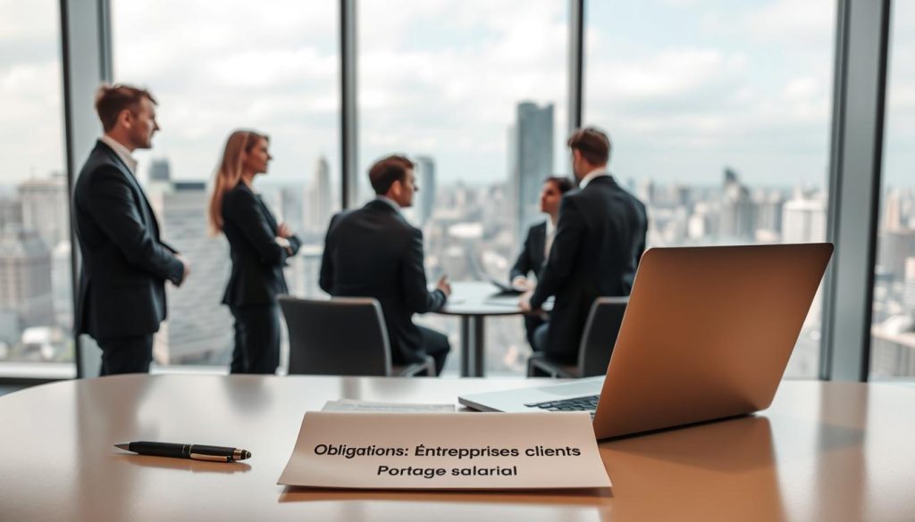 A sleek corporate office interior, with large windows overlooking a bustling city skyline. The foreground features a modern desk with a laptop, pen, and papers labeled "Obligations Entreprises Clientes Portage Salarial". In the middle ground, a group of business professionals in formal attire are engaged in a meeting, discussing the obligations and responsibilities of companies working with the UMALIS GROUP's freelance staffing solutions. The background is softly lit, creating a professional and productive atmosphere.