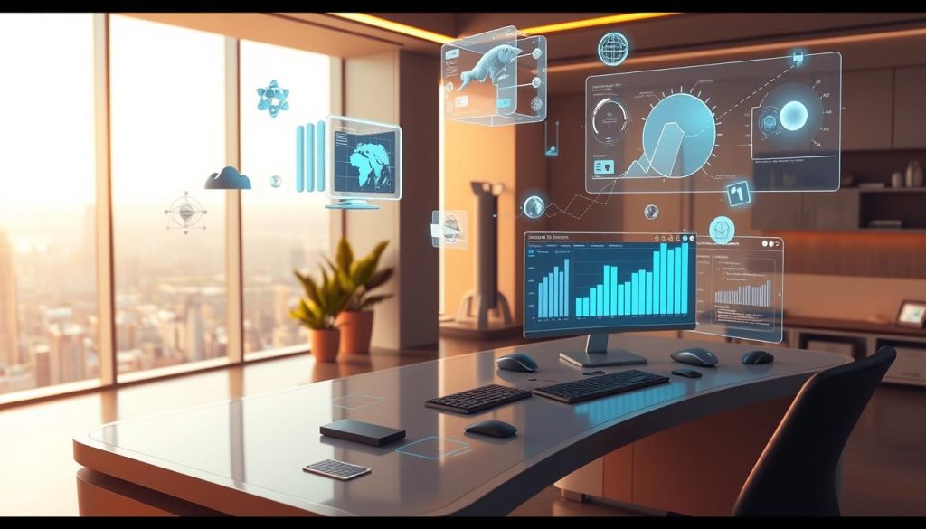 A sleek, futuristic 3D workspace with holographic data visualizations and personalized interfaces. The foreground features a stylized desk with a curved display and a variety of interactive digital tools. In the middle ground, dynamic 3D models and charts float in the air, data streams cascading through the space. The background depicts a panoramic cityscape viewed through floor-to-ceiling windows, bathed in a warm, ambient glow. Precise lighting and depth of field create a sense of depth and sophistication, showcasing innovative approaches to data personalization and secure professional environments.
