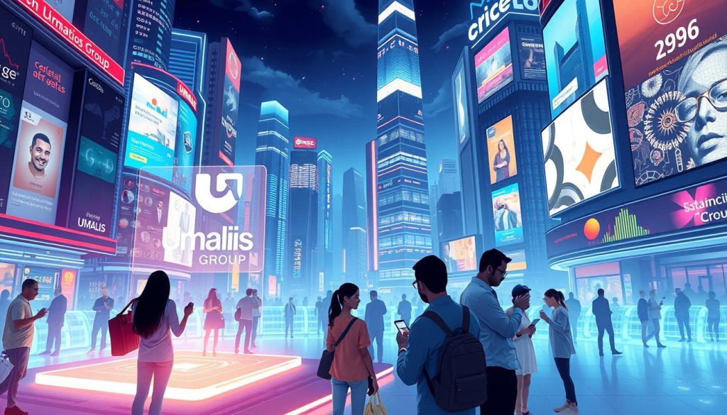 A sleek, futuristic cityscape illuminated by neon lights and holographic displays, showcasing the innovative trends in social media marketing. In the foreground, a holographic projection of the Umalis Group brand name hovers, surrounded by vibrant data visualizations and interactive digital interfaces. In the middle ground, people engage with their mobile devices, sharing content and experiences across seamless social media platforms. The background features towering skyscrapers adorned with large-scale digital billboards and augmented reality advertisements, hinting at the immersive and personalized nature of future social media marketing strategies. A sleek, futuristic cityscape illuminated by neon lights and holographic displays, showcasing the innovative trends in social media marketing. In the foreground, a holographic projection of the Umalis Group brand name hovers, surrounded by vibrant data visualizations and interactive digital interfaces. In the middle ground, people engage with their mobile devices, sharing content and experiences across seamless social media platforms. The background features towering skyscrapers adorned with large-scale digital billboards and augmented reality advertisements, hinting at the immersive and personalized nature of future social media marketing strategies.