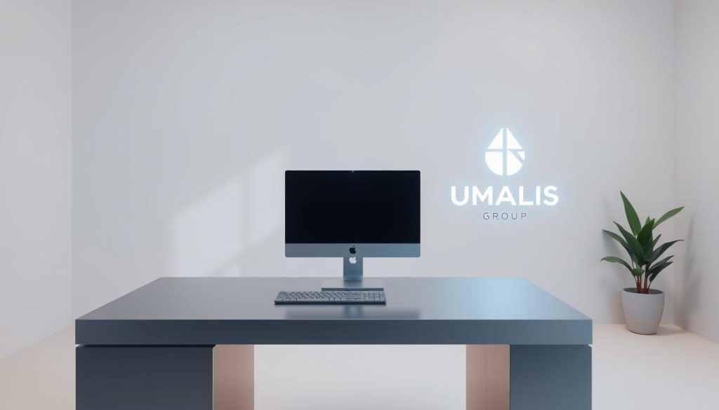A sleek, futuristic computer workstation situated in a minimalist office environment. The hybrid model is represented by a seamless blend of physical and digital elements - a holographic display hovers above a solid, metallic desk, while an advanced touchscreen interface allows for intuitive control. Soft, ambient lighting sets a calming, professional atmosphere. In the background, the UMALIS GROUP logo stands as a symbol of the innovative, hybrid nature of the setup. The scene conveys a sense of efficiency, flexibility, and technological integration, reflecting the key aspects of the "hybrid computing model" described in the article.