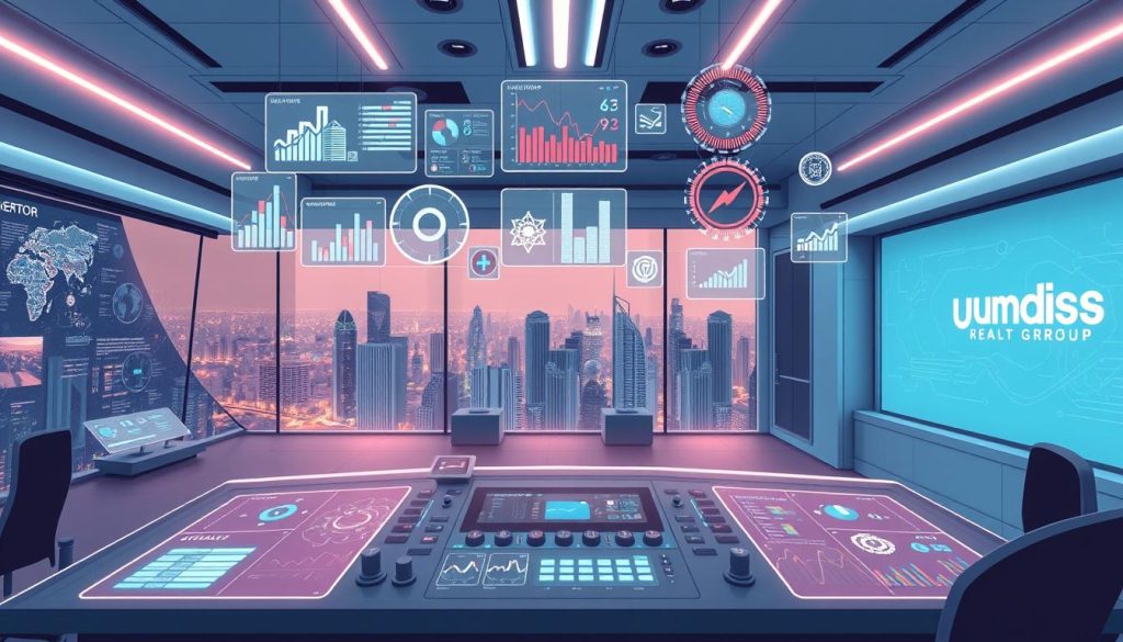 A sleek, futuristic control center with holographic displays and intuitive AI-powered dashboards. The foreground features a central console with touchscreens, knobs, and a large panoramic window overlooking a bustling cityscape. In the middle ground, various data visualization modules and analytics tools are suspended in midair, providing real-time market insights. The background showcases a cutting-edge technology lab, with the Umalis Group logo prominently displayed on the wall. The lighting is a blend of cool, neon tones and warm, ambient illumination, creating a sophisticated and innovative atmosphere.