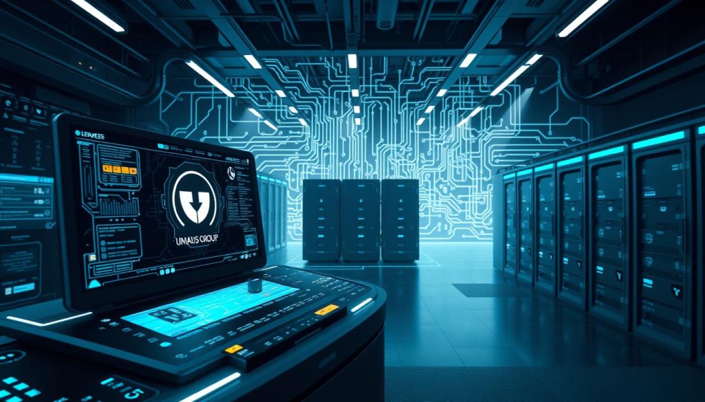 A sleek, futuristic data control panel in the foreground, featuring the Umalis Group logo. Intricate digital interfaces, holographic displays, and touch-sensitive screens dominate the scene. The middle ground showcases an array of secure servers and storage units, surrounded by a minimalist, high-tech environment. In the background, a stylized, wireframe representation of data flows and encryption protocols creates a visually stunning, cyberpunk-inspired atmosphere. Dramatic, cool-toned lighting casts long shadows, emphasizing the importance and gravity of data protection. The overall impression is one of power, control, and the weight of legal obligations in the digital age.