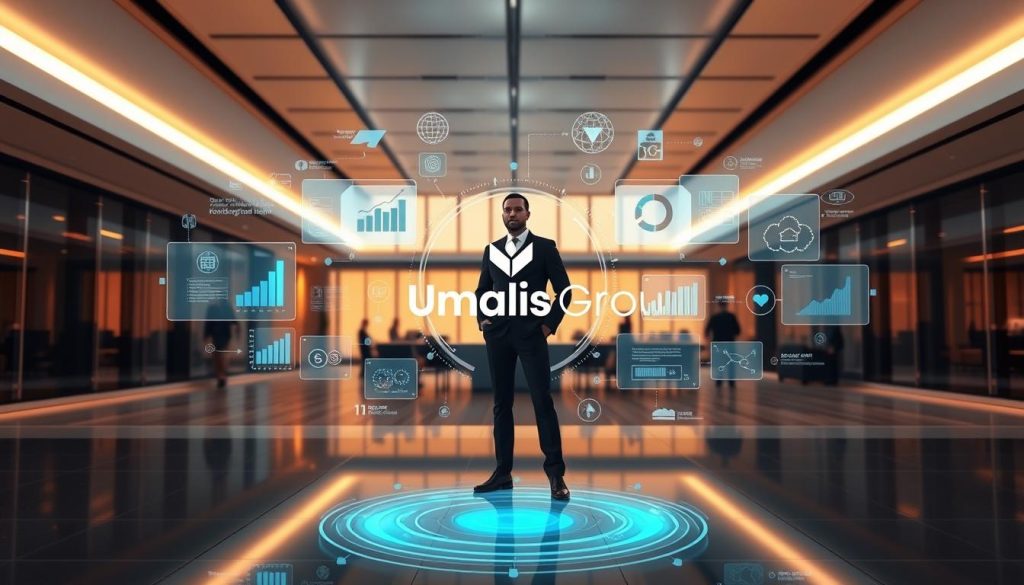 A sleek, futuristic digital workspace with a Umalis Group logo prominently displayed. In the foreground, a manager stands at the center, surrounded by a holographic interface of various digital tools and platforms used for training and transformation. The middle ground features a dynamic interplay of data visualizations, charts, and virtual training modules, all seamlessly integrated. The background showcases a panoramic view of a modern, high-tech office with floor-to-ceiling windows, bathed in a warm, ambient lighting that creates a sense of productivity and innovation. The overall atmosphere conveys the power of digital transformation in shaping the future of management education and professional development. A sleek, futuristic digital workspace with a Umalis Group logo prominently displayed. In the foreground, a manager stands at the center, surrounded by a holographic interface of various digital tools and platforms used for training and transformation. The middle ground features a dynamic interplay of data visualizations, charts, and virtual training modules, all seamlessly integrated. The background showcases a panoramic view of a modern, high-tech office with floor-to-ceiling windows, bathed in a warm, ambient lighting that creates a sense of productivity and innovation. The overall atmosphere conveys the power of digital transformation in shaping the future of management education and professional development.