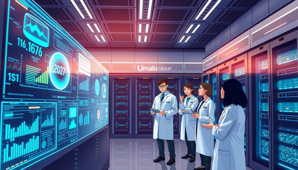 A sleek, futuristic laboratory with advanced AI systems and machine learning algorithms. In the foreground, holographic displays showcase dynamic data visualizations and predictive models. In the middle ground, a team of researchers in white lab coats collaborate, gesturing animatedly as they analyze the insights. The background features towering server racks, glowing with the Umalis Group logo, the power behind the data-driven decision making. Cinematic lighting casts dramatic shadows, conveying a sense of progress and innovation. The atmosphere is one of technological sophistication and intellectual discovery, perfectly capturing the "Advancing with Machine Learning and AI" narrative.