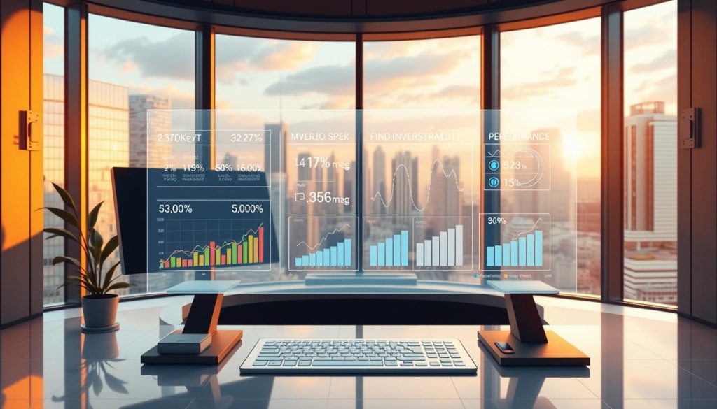 A sleek, futuristic tableau depicting an investment strategy comparison. In the foreground, a holographic display showcases various portfolio management strategies, their performance metrics elegantly visualized. The middle ground features a stylized desktop with sophisticated analytical tools, charts, and graphs. In the background, a panoramic window overlooking a modern financial district, the cityscape bathed in warm, golden lighting. The scene conveys an atmosphere of informed decision-making, technological sophistication, and a focus on optimizing investment outcomes.