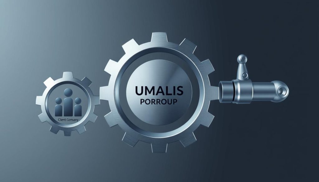A sleek, metallic tripartite mechanism illustrating the key components of the salarial portage system. In the foreground, a stylized gear representing the client company, seamlessly connected to a central hub symbolizing the UMALIS GROUP employment platform. In the background, a fluid piston-like structure depicting the freelance professional, integrated into the dynamic workflow. Bathed in a cool, industrial palette of grays and blues, the image conveys the efficient, streamlined nature of the salarial portage process.