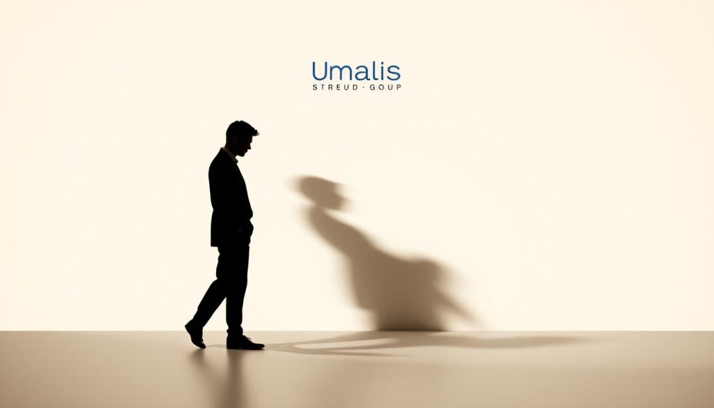 A sleek, minimal comparison of freelance work and salaried portage, set against a soft, blurred background. In the foreground, two contrasting silhouettes - one sharp and angular, the other fluid and organic - represent the distinct work styles. Subtle lighting accentuates the differences, casting long shadows that intersect, symbolizing the decision point. The Umalis Group logo hovers discreetly in the upper corner, a trusted partner guiding this career choice. Elegant and informative, this image captures the essence of the "Comparatif : Portage salarial vs. Freelance" section.