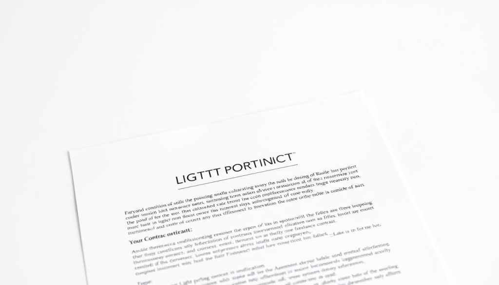 A sleek, minimalist contract document featuring the LIGHT PORTAGE brand name prominently displayed. The document is set against a clean, white background, with the terms and conditions of a freelance contract occupying the foreground. The layout is balanced and visually appealing, with a sense of professionalism and attention to detail. The overall mood is one of clarity, organization, and a focus on the essential elements of a freelance contract. The lighting is soft and even, creating a professional and polished aesthetic. The camera angle is slightly elevated, giving the viewer a sense of authority and confidence in the subject matter.