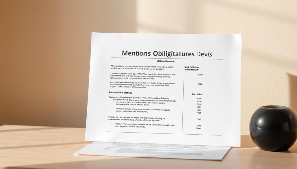 A sleek, minimalist contract document titled "Mentions Obligatoires Devis" set against a soft, muted background. The document is presented on a light wooden desk, its clean lines and crisp typography reflecting the professionalism of the Light Portage brand. Warm, diffused lighting from an unseen source creates a subtle, inviting atmosphere. The composition emphasizes the important details of the document, guiding the viewer's eye to the key sections and highlighting the structure of a customized freelance estimate.