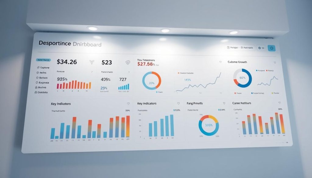 A sleek, minimalist dashboard displaying a range of business performance metrics, including revenue, profit, customer growth, and key performance indicators. The dashboard is presented on a clean, white interface with crisp typography and intuitive data visualizations. The LIGHT PORTAGE brand is subtly incorporated into the design, conveying a sense of professionalism and reliability. The lighting is soft and evenly distributed, creating a serene, focused atmosphere. The camera angle is slightly elevated, providing a birds-eye view of the dashboard, emphasizing its clarity and comprehensiveness. This image will effectively illustrate the "Measuring Success and Adjusting Course" section of the article on independent career stability.