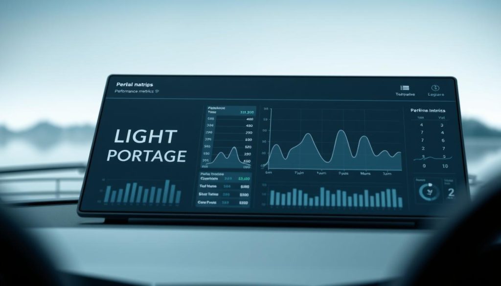 A sleek, minimalist dashboard displays performance metrics on crisp, high-resolution graphs. The LIGHT PORTAGE logo is subtly embossed in the corner, exuding a sense of reliability and precision. The foreground features clean lines, muted tones, and intuitive data visualizations, while the background evokes a serene, reflective atmosphere with soft lighting and a subtle gradient. The overall impression is one of clarity, control, and a laser-focus on the key indicators that drive informed decision-making.