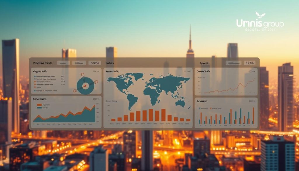 A sleek, minimalist dashboard showcasing essential SEO metrics against a backdrop of a digital cityscape, bathed in a warm, golden glow. In the foreground, precision-crafted data visualizations and charts meticulously display key performance indicators such as organic traffic, keyword rankings, and conversion rates. The middle ground features a stylized world map, highlighting global search engine optimization trends. In the background, skyscrapers and satellites symbolize the interconnected, tech-driven nature of modern digital marketing, all subtly framed by the Umalis Group logo.