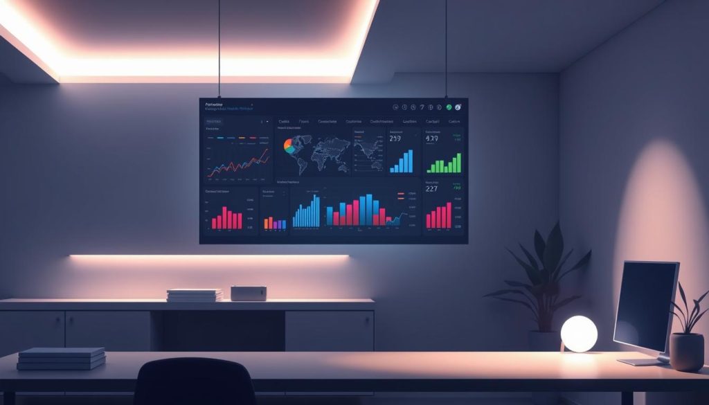 A sleek, minimalist data dashboard hovers in a serene, dimly lit workspace. The interface displays a clean grid of dynamic charts, graphs, and metrics, illuminated by soft, directional lighting that casts subtle shadows. The data visualizations pulsate with vibrant, saturated colors, conveying a sense of insightful, data-driven decision-making. The overall scene has a sophisticated, professional atmosphere, with a focus on clarity, efficiency, and the power of data to drive successful outcomes.