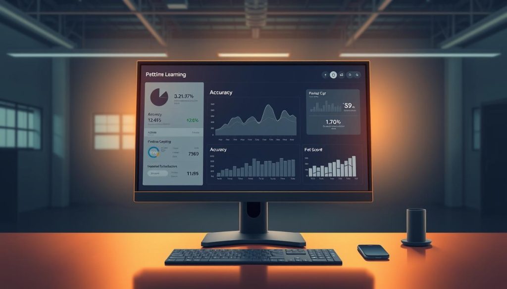 A sleek, minimalist data visualization dashboard displayed on a high-resolution computer monitor, set against a dimly lit, industrial-style office environment. The dashboard showcases various machine learning performance metrics, such as accuracy, precision, recall, and F1-score, presented in clean, intuitive charts and graphs. The lighting is a warm, subtle glow, creating a focused, analytical atmosphere. The monitor is positioned on a sturdy, modern desk, with a few carefully placed office accessories nearby, conveying a sense of professionalism and attention to detail. The overall scene reflects the intersection of cutting-edge technology and the pursuit of optimizing machine learning models for maximum performance.