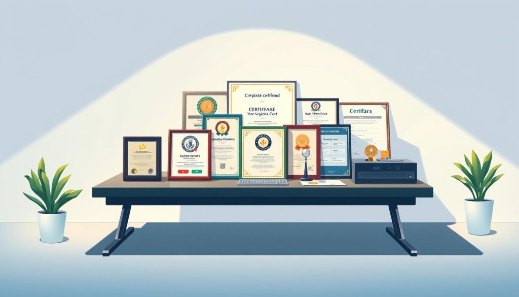 A sleek, minimalist desk displaying an assortment of industry-specific credentials and certifications. The lighting is soft and directional, casting subtle shadows that add depth and dimensionality to the scene. The background is a clean, uncluttered workspace, allowing the credentials to take center stage. A sense of professionalism and expertise emanates from the carefully curated arrangement, conveying the value and authority of an industry expert.
