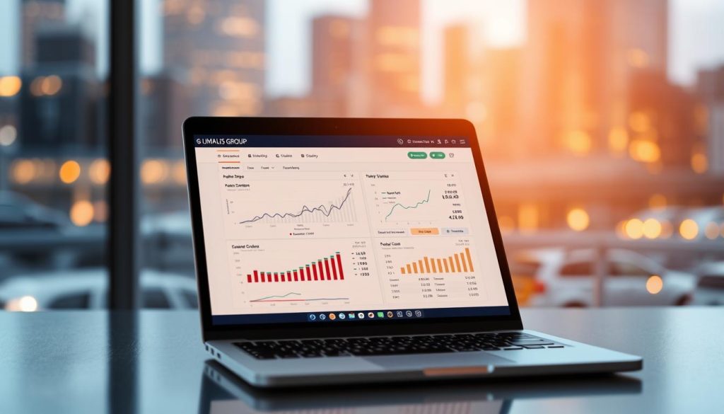 A sleek, minimalist desktop display showcasing a detailed salary simulation interface. The UMALIS GROUP logo prominently featured, conveying professionalism and expertise in the field of portage salarial. In the foreground, a modern laptop displays graphs, charts, and financial calculations, all rendered in a clean, intuitive design. The background features a blurred cityscape, hinting at the broader business landscape. Warm, directional lighting casts a subtle glow, creating a sense of depth and focus on the central elements. The overall mood is one of efficiency, precision, and financial optimization.
