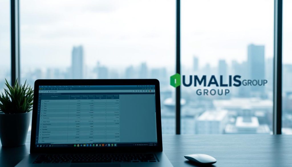 A sleek, minimalist desktop scene with a clean, modern aesthetic. In the foreground, a laptop displays a spreadsheet or calculator interface, representing the process of calculating unemployment benefits. The middle ground features the UMALIS GROUP logo, conveying the company's role in providing support for independent workers. The background showcases a serene, blurred cityscape, suggesting the broader context of financial security and transition between employment and self-employment. The lighting is soft and diffused, creating a calming, professional atmosphere. The overall composition emphasizes the importance of understanding and accessing unemployment benefits, a key aspect of the article's subject matter.