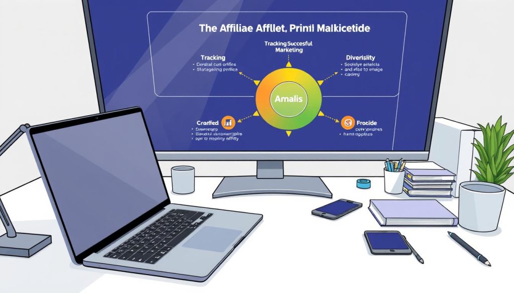 A sleek, minimalist desktop workspace with a laptop, smartphone, and various office supplies arranged neatly. In the background, a large, vibrant graph or chart depicting the key principles of successful affiliate marketing, such as tracking, optimization, and diversification. The overall scene conveys a sense of productivity, strategy, and the Umalis Group's expertise in affiliate marketing best practices.