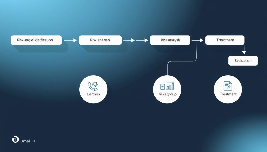 A sleek, minimalist diagram depicting the "risk management process" for the Umalis Group. In the foreground, a series of interconnected steps flow from left to right, including "risk identification", "risk analysis", "risk evaluation", and "risk treatment". The middle ground features abstract icons and data visualizations, conveying the analytical and strategic nature of this process. The background is a soft, subtle gradient, evoking a sense of professionalism and control. The overall composition strikes a balance between clarity and sophistication, reflecting the Umalis Group's expertise in navigating the risks and opportunities of "portage salarial".