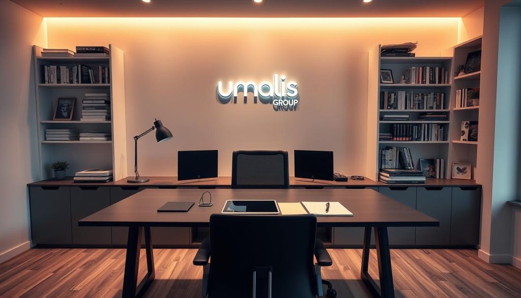 A sleek, minimalist graphic design workspace with a large desk and ergonomic chair. The Umalis Group logo prominently displayed on the wall behind the desk. Soft, directional lighting casts a warm glow over the scene, creating a focused, professional atmosphere. On the desk, a tablet, stylus, and sketchpad suggest the designer's creative process. In the background, bookshelves filled with design references and inspirational items. The overall composition conveys a sense of career optimization and strategy for a freelance graphic designer.